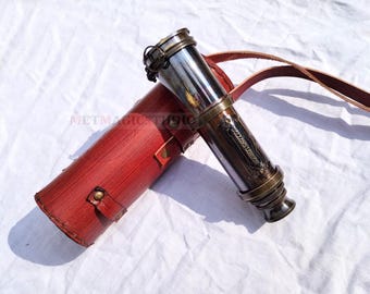 Engraved brass 17'' monocular telescope with leather case , Gift for grandpa , Victorian telescope