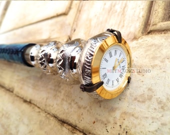 Vintage Brass Walking Stick with Clock, Navy Leather Finish, 39'' Cane