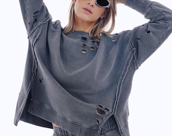 Distressed Deconstructed Oversized Women’s Sweatshirt | Washed Gray French Terry Cotton Crewneck