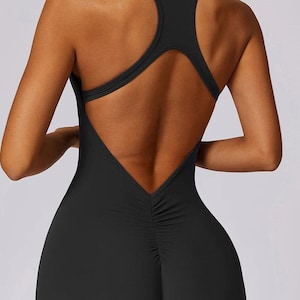 Nova Open Back Jumpsuit- Women&#39;s Sleeveless Activewear One piece, Cross strap romper- Black, Brown and Gray
