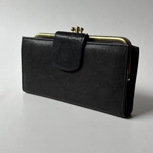Portefeuille double kisslock Club T NOS en cuir noir pochette années 70 avec insert original