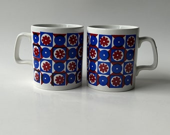 Two Staffordshire England coffee vintage cups mugs mod graphic red blue geometric