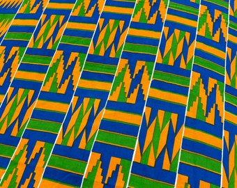 Brilliant African Kente print  cotton vintage fabric green yellow  blue triangle optical