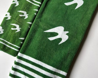 KMart vintage cotton terry velour towel set green seagull stripes  60s 70s