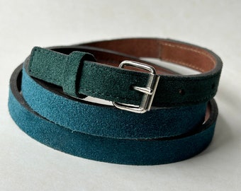 Hunter green & teal suede vintage leather belt Club Monaco Italy M