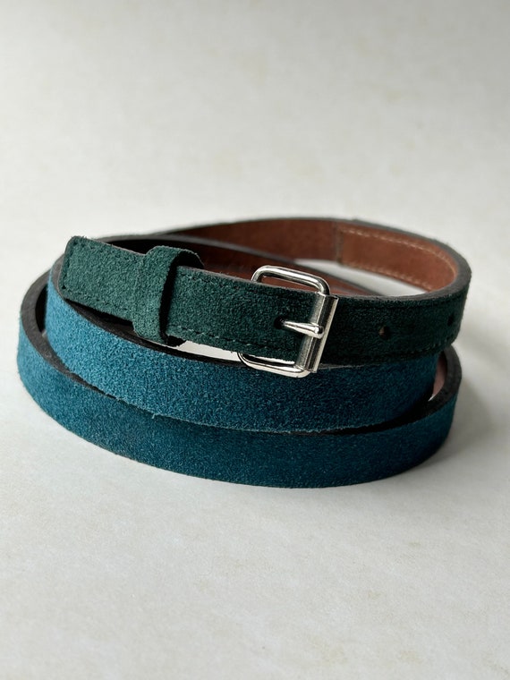 Hunter green & teal suede vintage leather belt Cl… - image 1