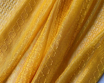 Netted golden yellow mod embroidered coarse net vintage curtain fabric 60s 70s  retro recroom vibe