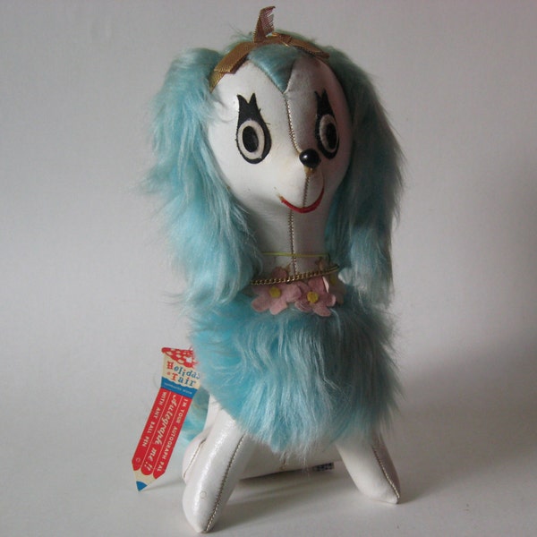 REDUCED Rare 1964 Hedaya & Co. Holiday Fair tall poodle SUZY original tags vintage stuffed vinyl dog woodchips