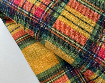 Vintage gold yellow red green nubby plaid 60s 70s coarse polyester cotton fleck