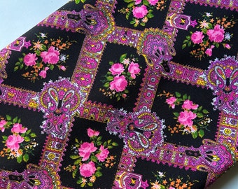 Wide vintage polyester knit black neon pink rose trellis floral matte knit fabric material