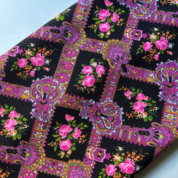 Wide vintage polyester knit black neon pink rose trellis floral matte knit fabric material