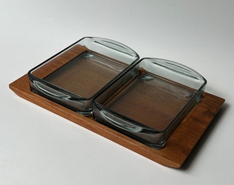 Midcentury teak vintage condiment caddy smoked glass dishes server Denmark