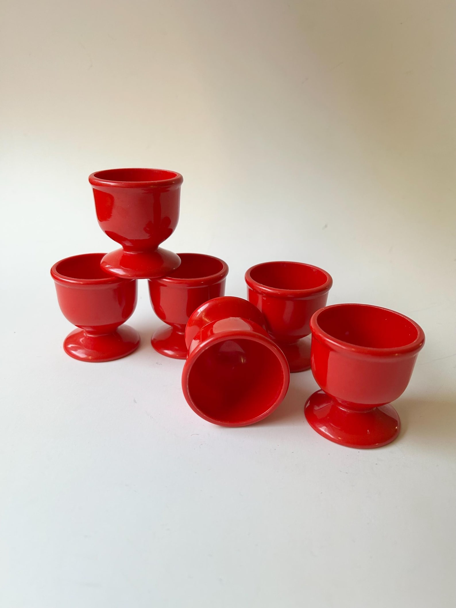 West German Emsa stemmed vintage egg cups set of 6 red plastic