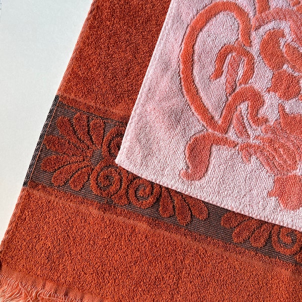 Two vintage cotton terry hand towels rusty orange peach fleur design sewing supply