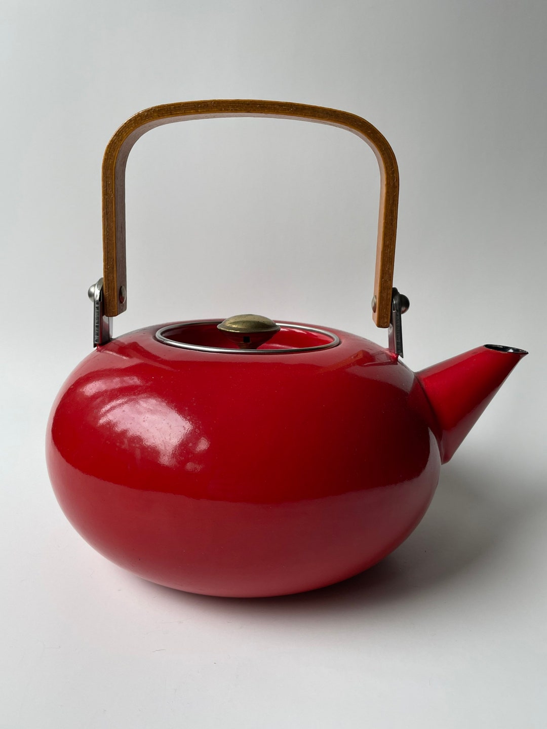 Mod Bulb Vintage Enamel Metal Kettle Wood Handle Apple Red Etsy