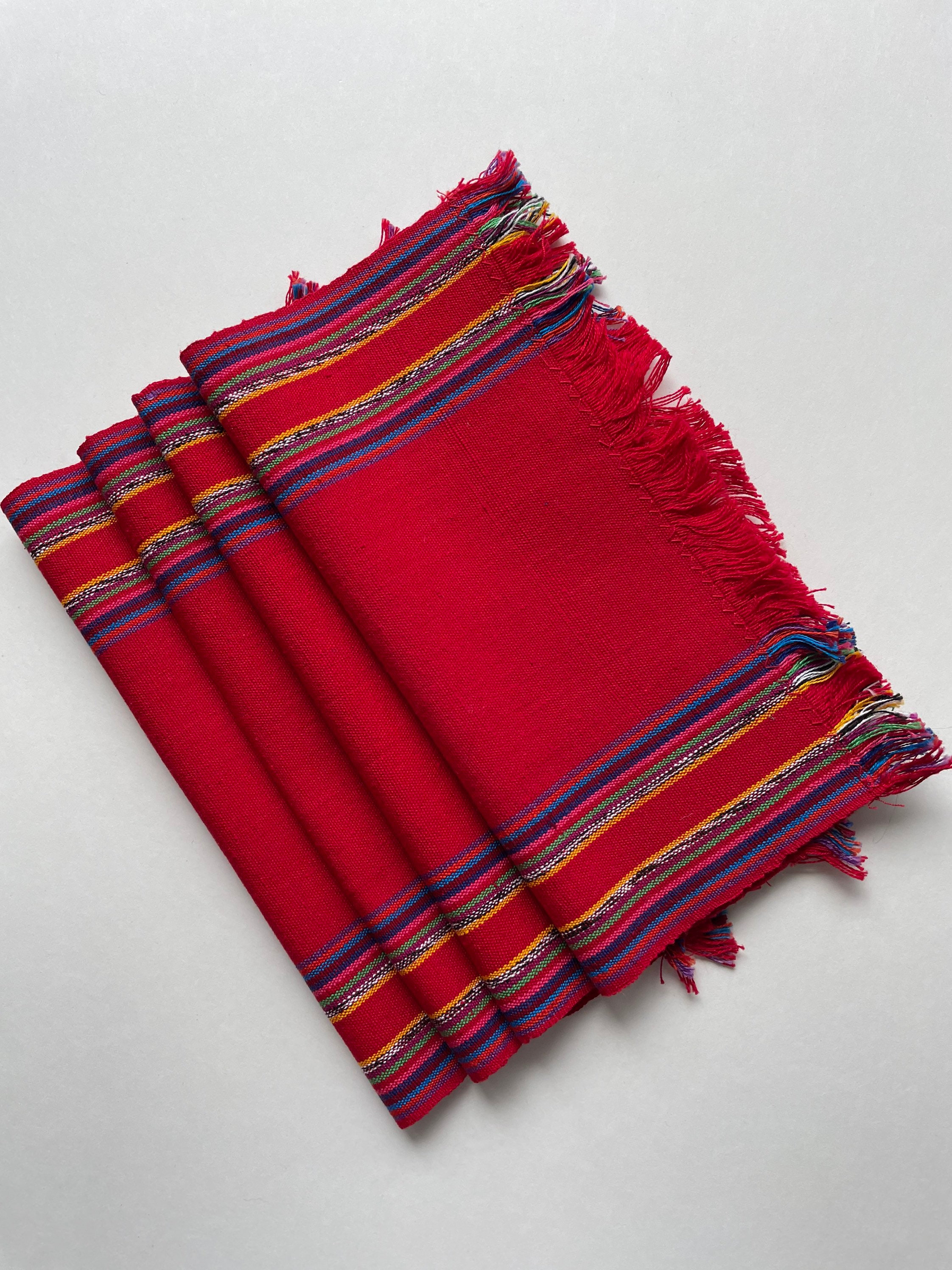 Excellent small red rainbow striped vintage woven Mexican Aztec Central America napkins set of 4