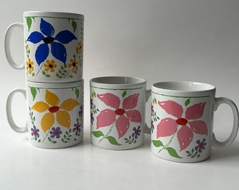 Vintage John Tams England coffee cups mugs mod abstract floral graphic pink yellow blue red set of 4