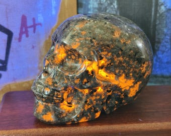 Hand Carved Yooperlite Skull Sculpture: Crystal Skull Decor