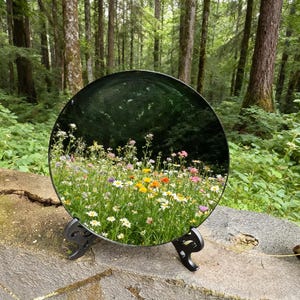 May include: A round, dark green mirror reflecting a vibrant wildflower meadow. The mirror is displayed on a black metal stand, set against a backdrop of a lush forest. The wildflowers include white, yellow, orange, and pink blooms.