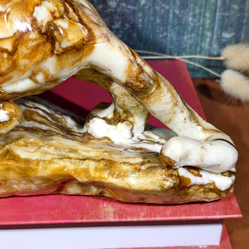 May include: A detailed sculpture of an animal's paw and leg, crafted from a stone-like material. The sculpture features a blend of creamy white and brown hues, with intricate veining patterns. The piece rests on a red surface.
