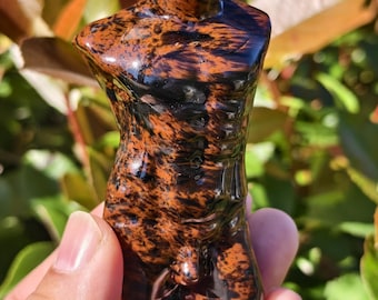 Red Obsidian Male Torso Sculpture: Abstract Crystal Body Art, Divination Carving