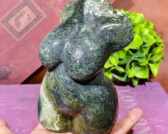Moss Agate Goddess Torso: Hand-Carved Divine Feminine Sculpture