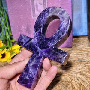 140MM Handcrafted Dream Amethyst Ankh Cross, Natural Crystal Healing Energy Meditation Tool, Home Decor, Premium Lapis Crystal Ankh Symbol
