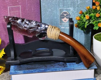 Handcrafted Obsidian Ceremonial Knife Replica, Wooden Handle