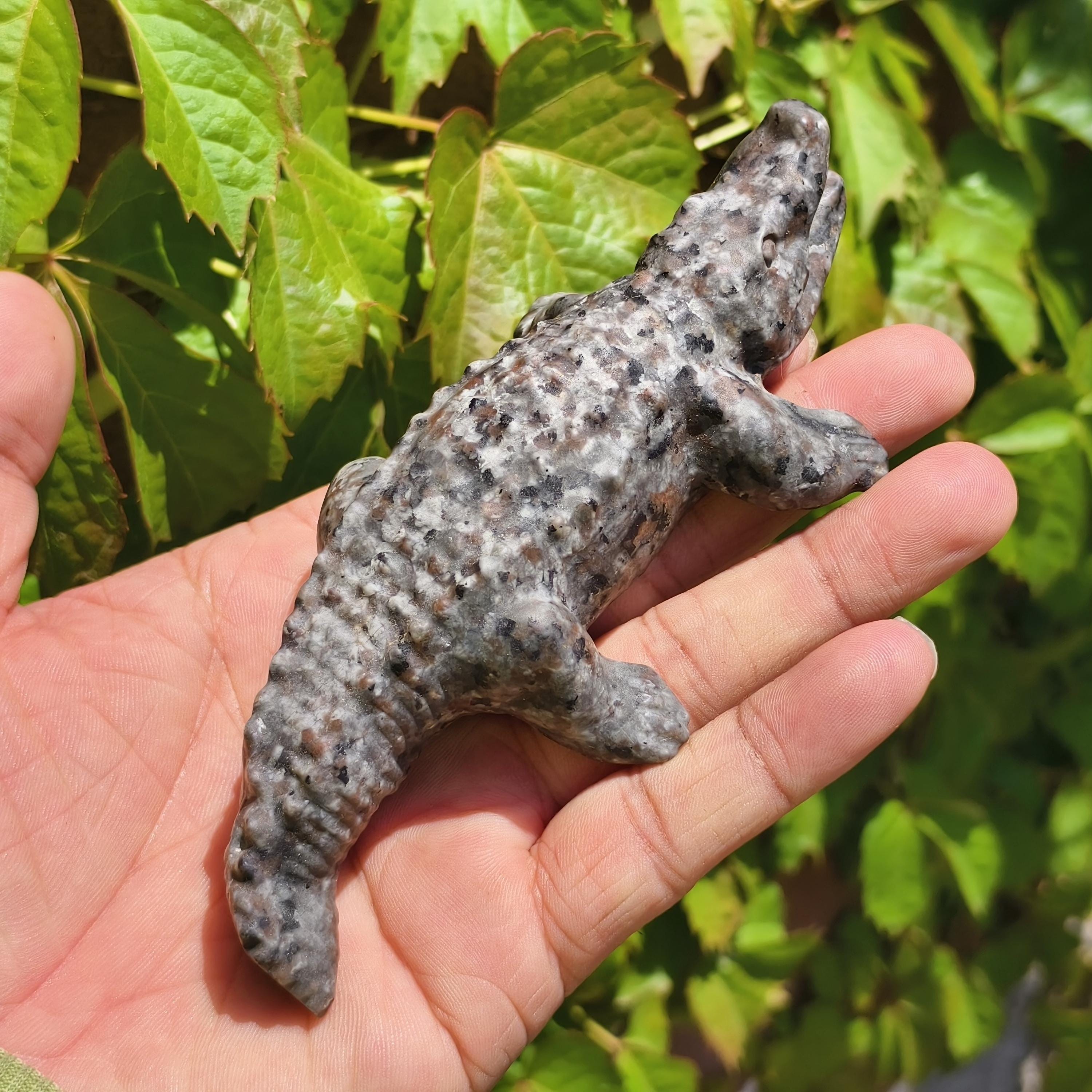 Hand Carved Yooperlite Crocodile Sculpture, UV Reactive Crystal