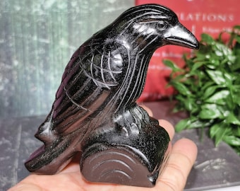 Black Obsidian Crystal Raven Figurine, Hand Carved Animal Decor (3.5'')