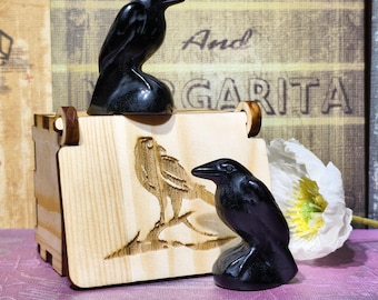 Custom Engraved Raven Wooden Box: Black Obsidian Crystal Crow Figurine
