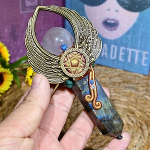 5.2&quot; Crystal toverstaf, handgemaakte natuurlijke labradoriet Crystal Healing Staff, heks toverstaf, cosplay toverstaf, labradoriet Flash Crystal toverstaf geschenken