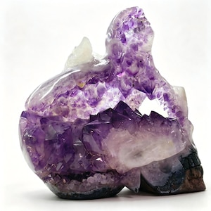 May include: A carved amethyst crystal sculpture in the shape of a human skull. The piece features deep purple, faceted crystal points throughout the structure, with a smooth, dark, polished base forming the jawline and lower facial features.