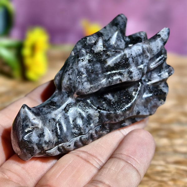 Larvikite Dragon Skull Figurine: Handcrafted Healing Crystal Sculpture