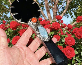 Handmade Obsidian Scrying Mirror, Ritual Divination Tool, Labradorite Altar Decor
