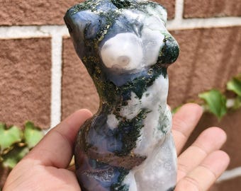 Moss Agate Goddess Torso Sculpture: Hand-Carved Divine Feminine Crystal