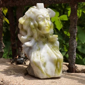 5&quot; Lemon Jade Medusa Figurine, Handcrafted Natural Jade Medusa Sculpture, Greek Mythology Medusa Jade Carving Art Piece, Goddess Figurine