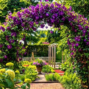 May include: A vibrant garden scene featuring a brick pathway leading to a wooden pergola. A floral archway, covered in lush purple flowers, frames the entrance. Green foliage and yellow flowers surround the path, creating a colorful and inviting outdoor space.