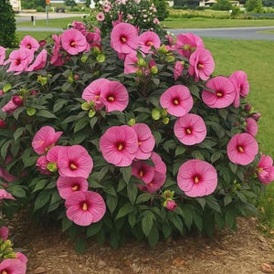 May include: A vibrant bush of pink hibiscus flowers in full bloom. The large, round flowers have a deep red center and a textured appearance. Dark green leaves provide a lush backdrop. The plant is surrounded by mulch and green grass.