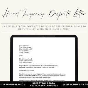 Hard Inquiry Removal Letter Template | DIY Credit Dispute Letter | Fix Credit Report | FCRA Compliant Printable | Editable Word Doc Download