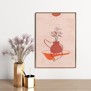 Boho Flower Vase Art – Minimalist Abstract Flower Illustration for Vintage Home Decor
