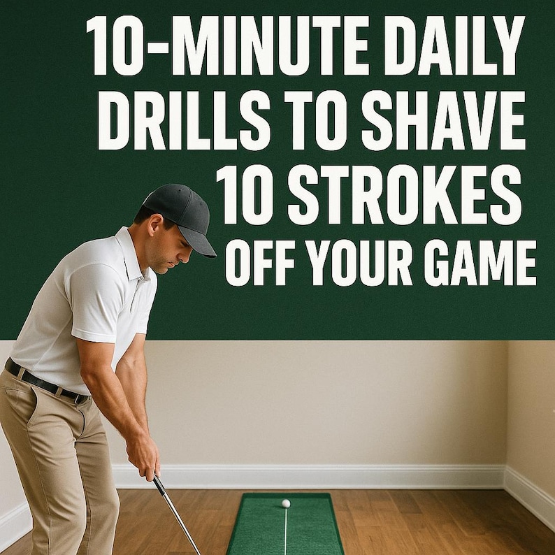 May include: A man in a white polo shirt and khaki pants is shown practicing golf. The text in the image reads: "10-MINUTE DAILY DRILLS TO SHAVE 10 STROKES OFF YOUR GAME." A golf ball and green mat are visible on the wooden floor.