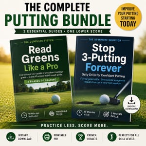 Puede incluir: El Complete Putting Bundle incluye dos guías digitales: Read Greens Like a Pro y Stop 3-Putting Forever. Las portadas muestran imágenes de campos de golf, pelotas blancas y texto sobre soluciones de 10 minutos, ejercicios y formatos PDF.