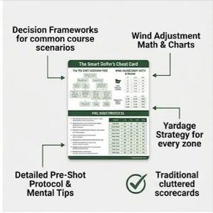 Op de afbeelding: Een groene en witte golf cheat card met de tekst "The Smart Golfer's Cheat Card". De kaart bevat informatie over beslissingskaders, windaanpassing, yardage strategie en pre-shot protocollen. Er is ook een vinkje.