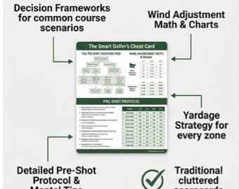 Smart Golfer's Cheat Card, Course Strategy Guide, Wind Adjustment, Yardage Chart