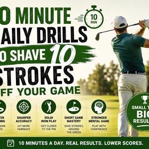 May include: Image promoting a golf training program. Text reads "10 Minute Daily Drills to Shave 10 Strokes Off Your Game." Includes icons for better putting, accuracy, iron play, short game mastery, and mental game. A golfer swings a club.