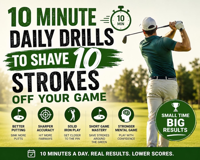 May include: Image promoting a golf training program. Text reads "10 Minute Daily Drills to Shave 10 Strokes Off Your Game." Includes icons for better putting, accuracy, iron play, short game mastery, and mental game. A golfer swings a club.