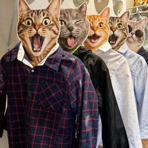 May include: A row of shirts hanging on white hangers, each adorned with a different cat face. The shirts include a navy and red plaid button-down, a black jacket, and white and light blue button-down shirts. The cat faces have various expressions.