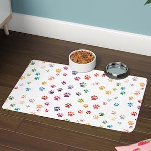Colorful Paw Print Pet Food Mat: Non-Slip Waterproof Placemat