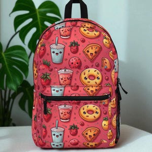 Kawaii Food Backpack: Strawberry Bubble Tea Donut Pattern School Bag